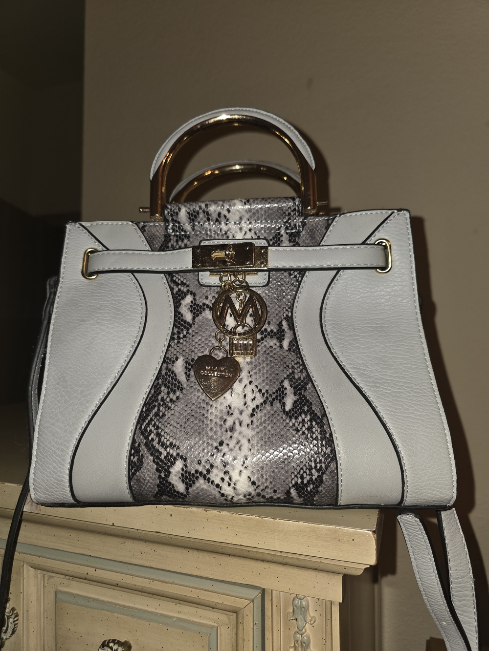 Mia K Collection Blue Snakeskin Accent Satchel with Gold Hardware